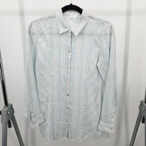 J. Jill Love Linen 100% Linen Long Sleeve Button Shirt White/Blue Stripe XS,
